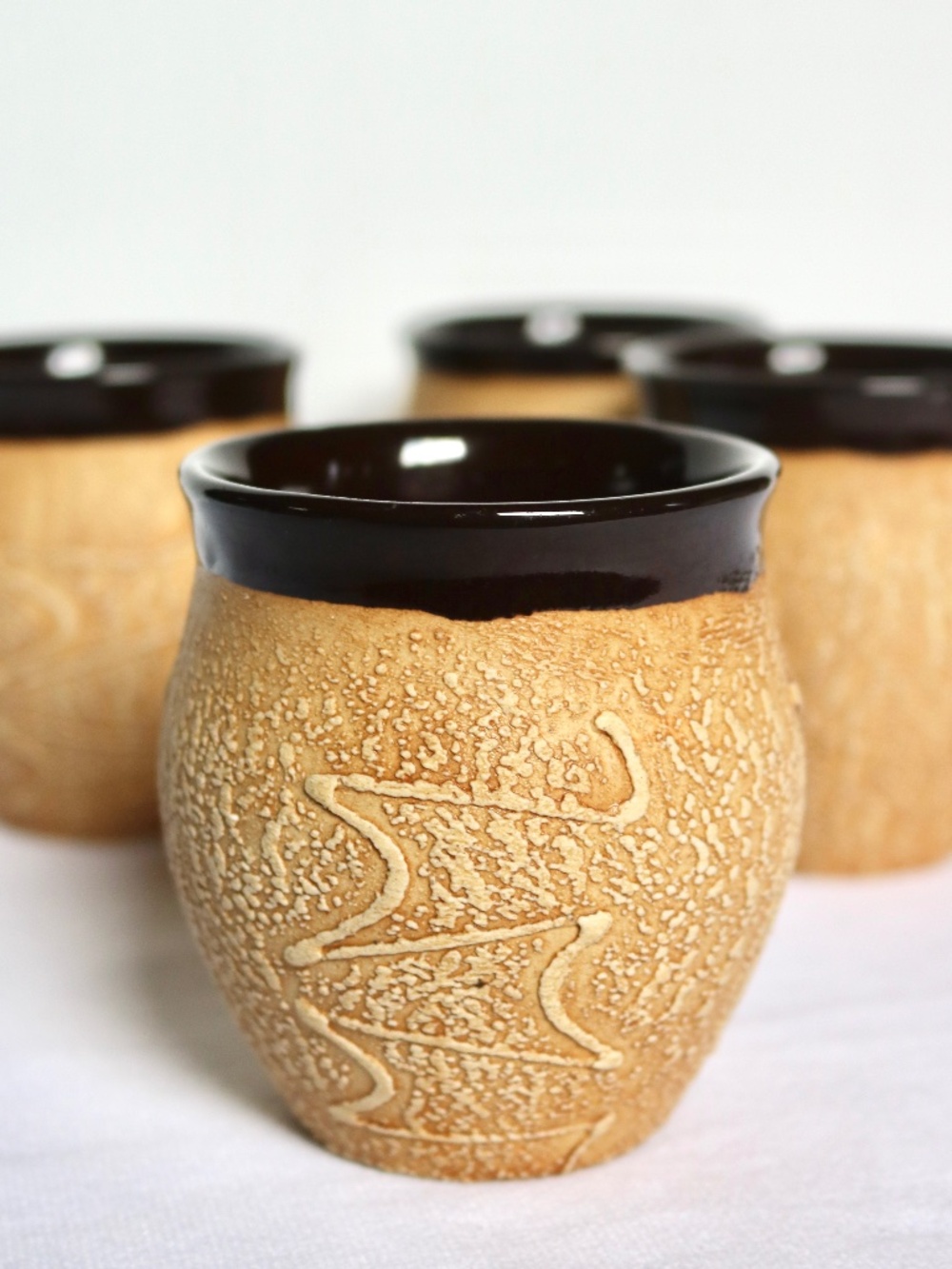 Set of 4 Pottery Green Tea Drink Cups Brown Glaze Stamped Sunshine Earthenware